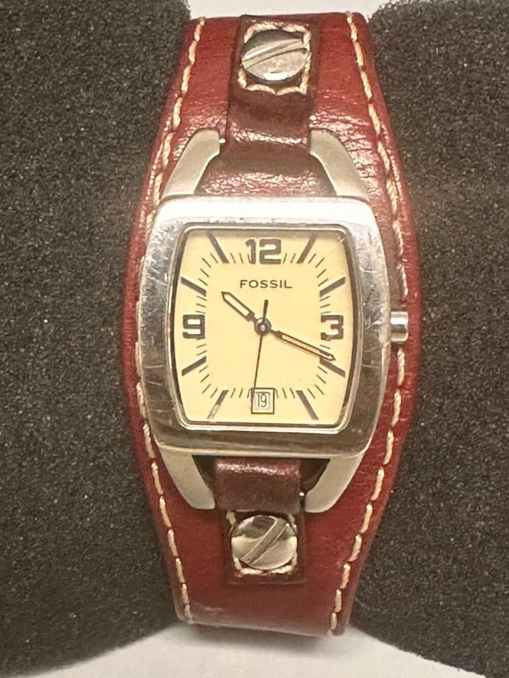 Fossil Watch Women Silver Tone Barrel Case Maroon Leather Bund Band New Battery